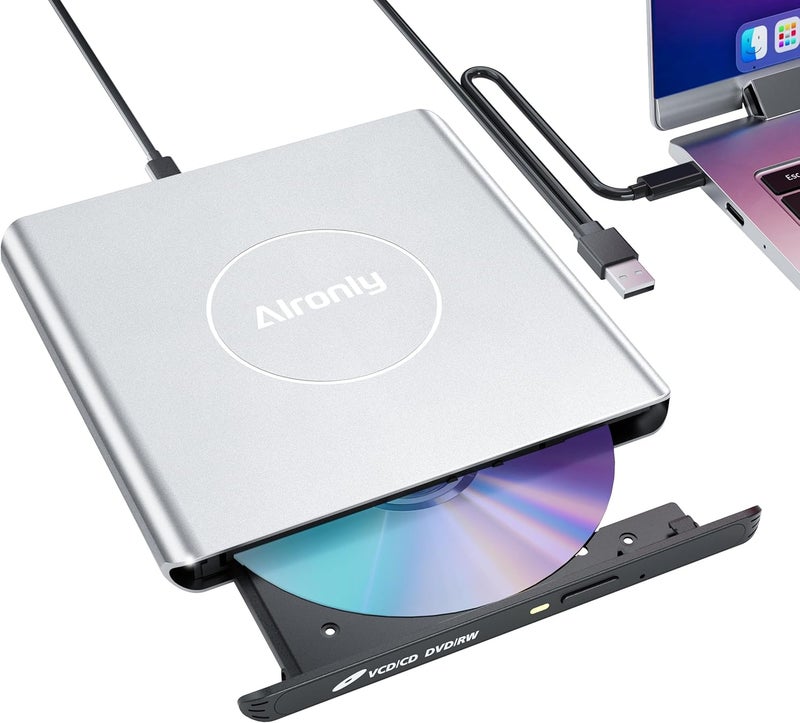 Alronly External CD/DVD Drive for Laptop/PC, USB 3.0 Type-C USB Portable Alloy Player for Computer CD DVD +/-RW Disk Drive CD Burner Writer Reader Compatible with Desktop Windows Apple Linux (F03) - Image 1